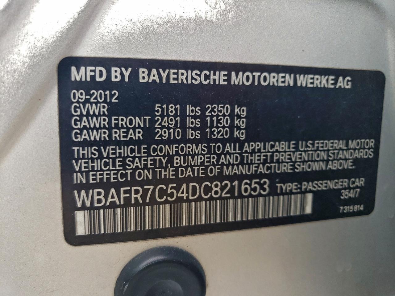 2013 BMW 535 I VIN: WBAFR7C54DC821653 Lot: 93864795