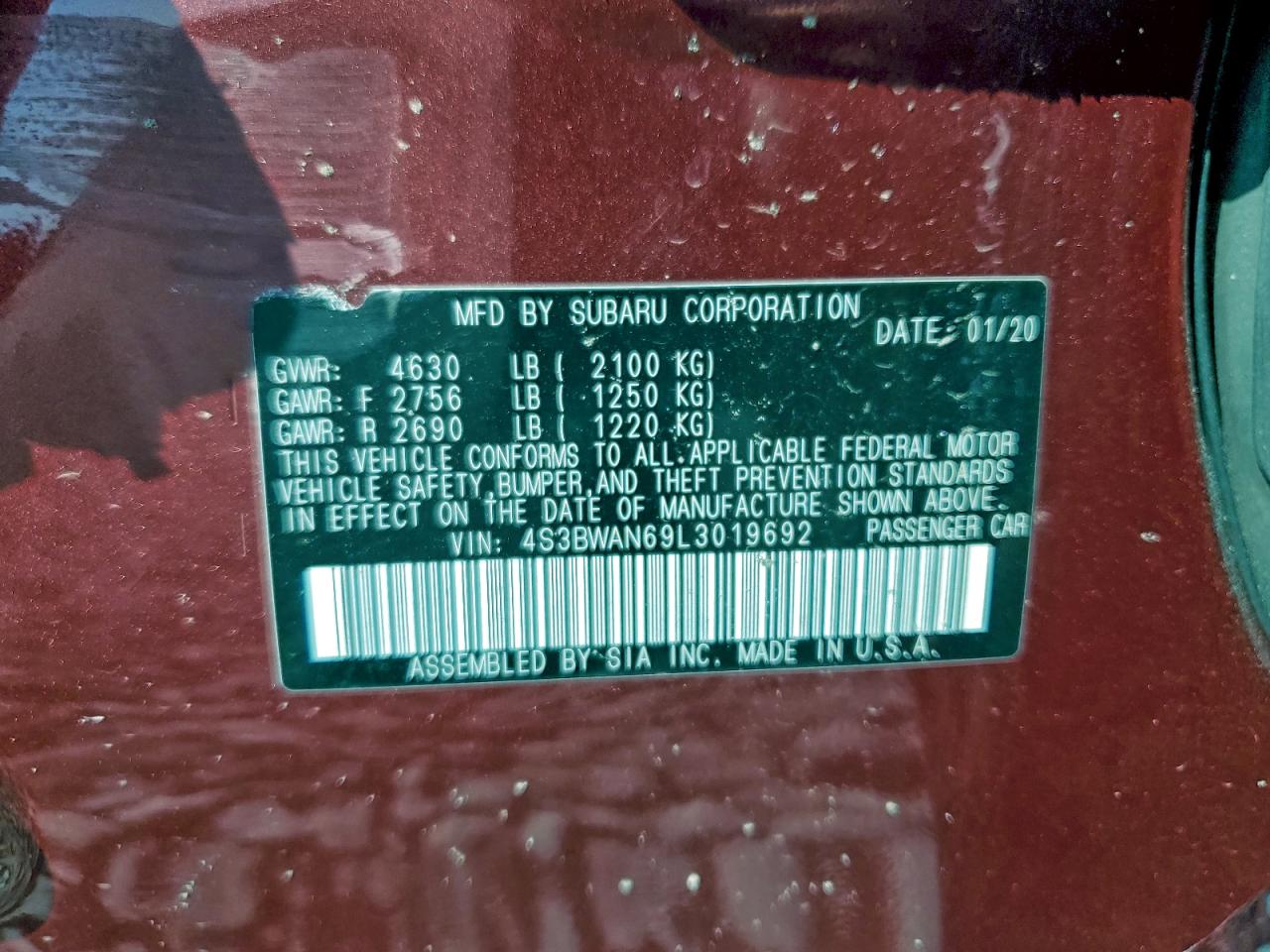 2020 Subaru Legacy Limited VIN: 4S3BWAN69L3019692 Lot: 93862925