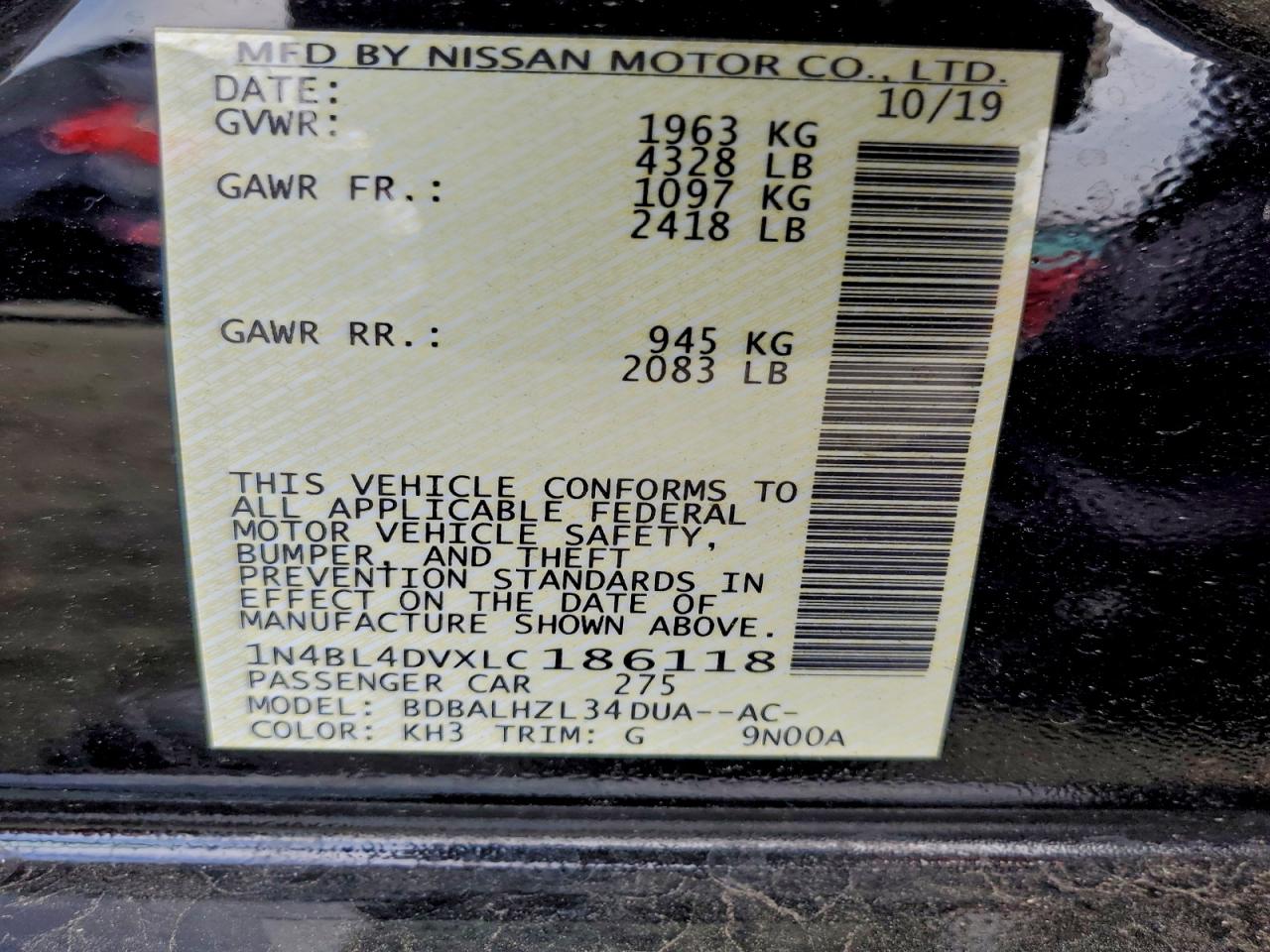 2020 Nissan Altima Sv VIN: 1N4BL4DVXLC186118 Lot: 94158365