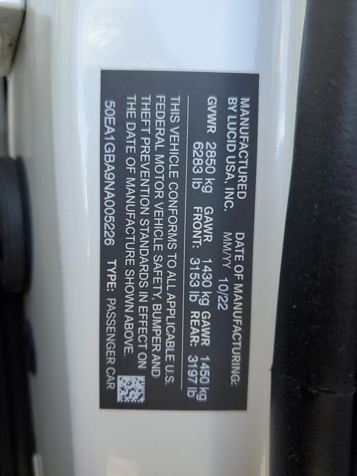 2022 Lucid Motors Air Grand Touring VIN: 50EA1GBA9NA005226 Lot: 92796815