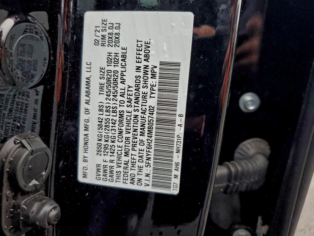 2021 Honda Pilot Se VIN: 5FNYF6H24MB057402 Lot: 93651055