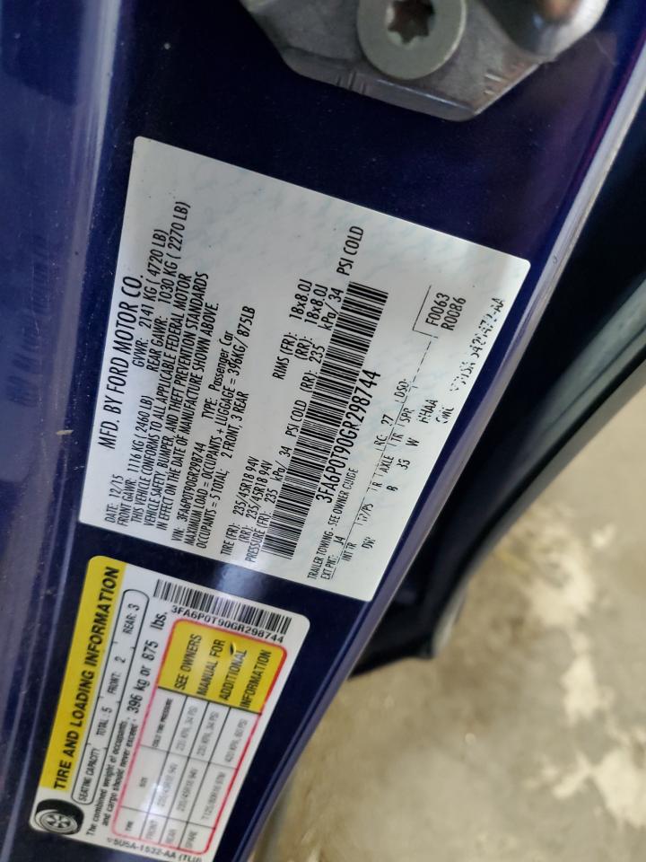 2016 Ford Fusion Se VIN: 3FA6P0T90GR298744 Lot: 91179685