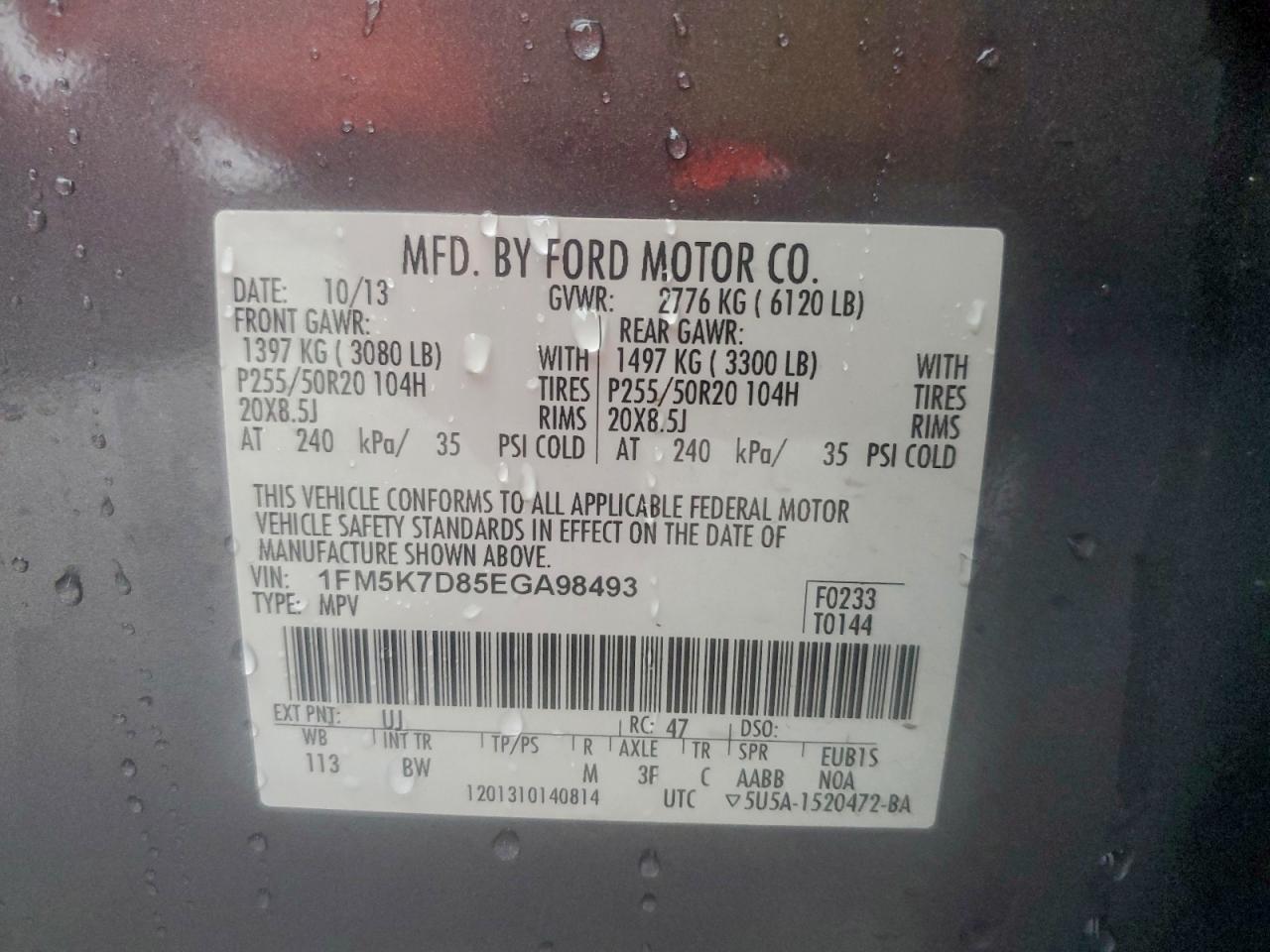 2014 Ford Explorer Xlt VIN: 1FM5K7D85EGA98493 Lot: 93813175