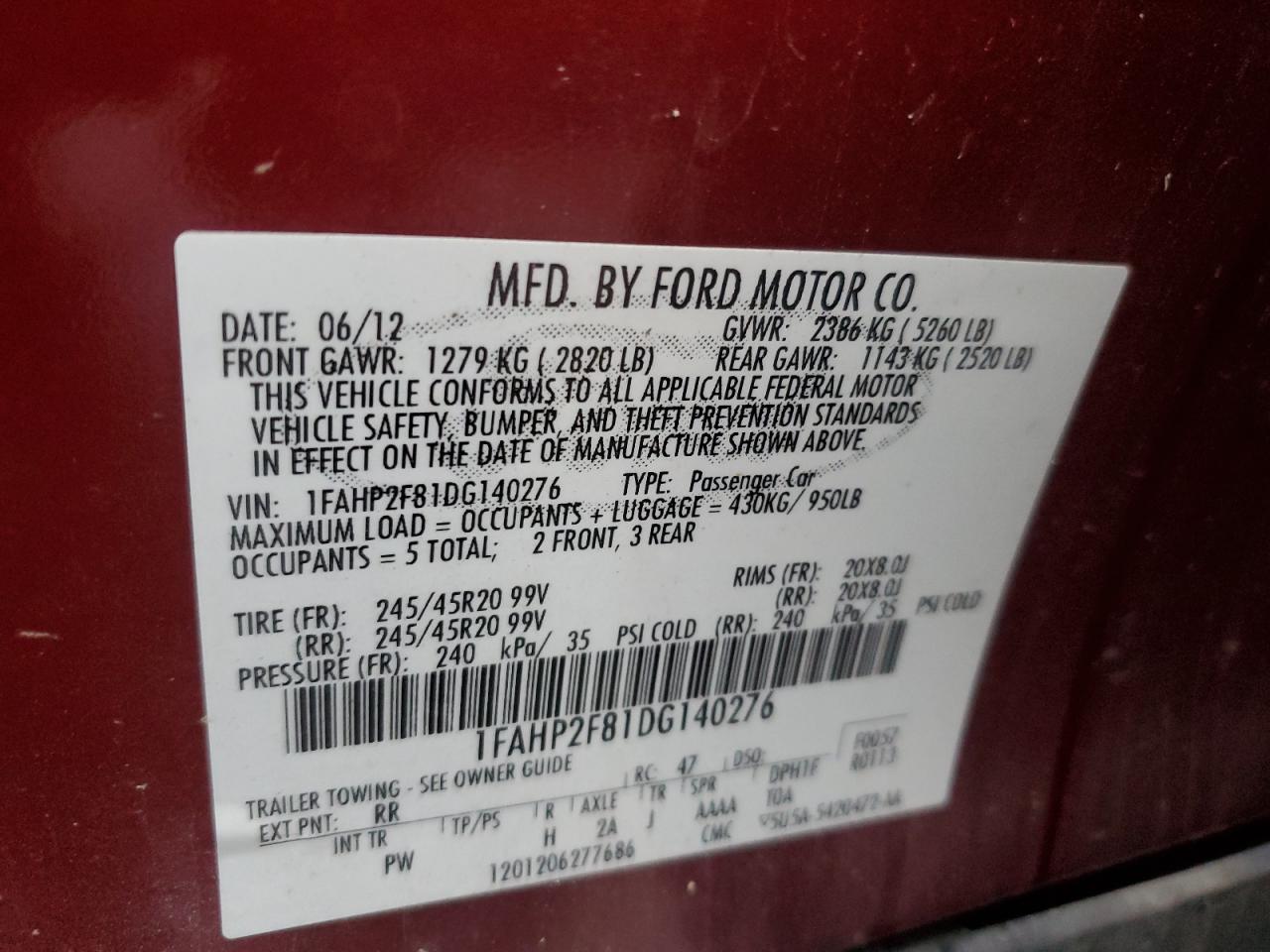 2013 Ford Taurus Limited VIN: 1FAHP2F81DG140276 Lot: 93117425