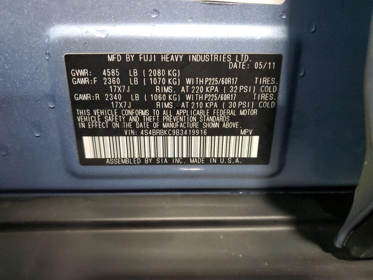 2011 Subaru Outback 2.5I Limited VIN: 4S4BRBKC9B3419916 Lot: 91695875