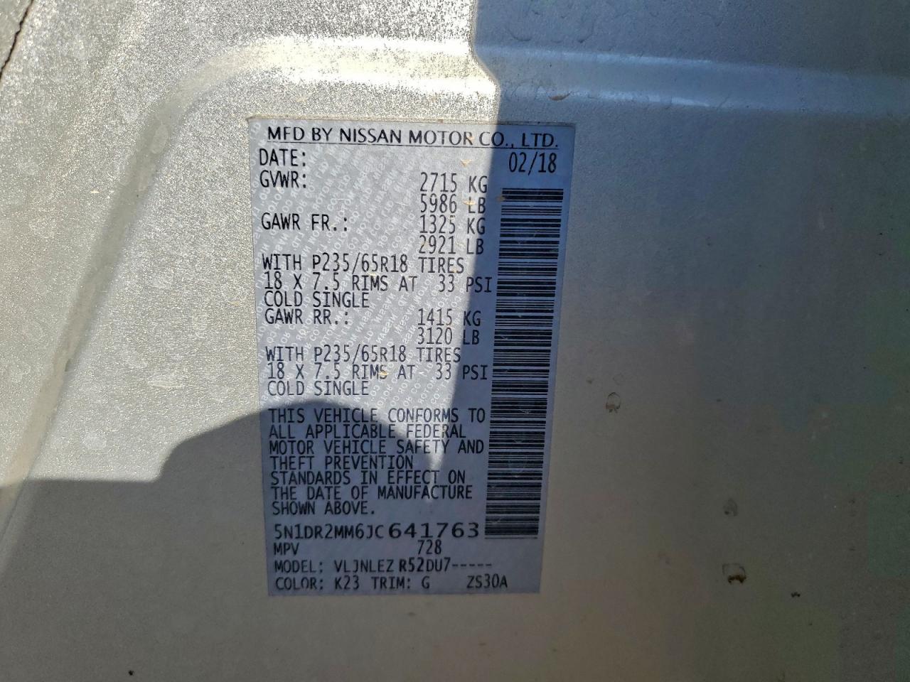 2018 Nissan Pathfinder S VIN: 5N1DR2MM6JC641763 Lot: 94498975