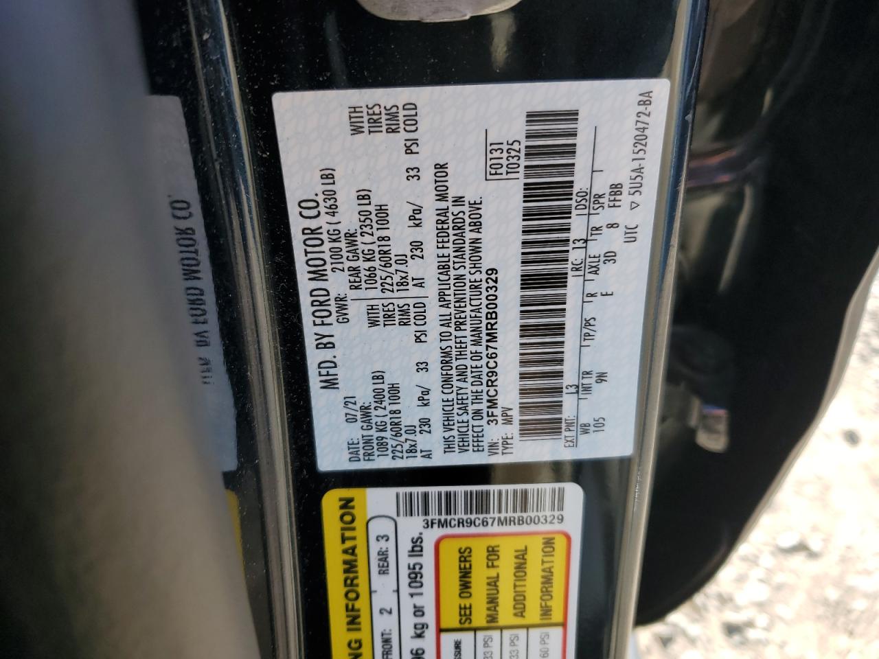 2021 Ford Bronco Sport Outer Banks VIN: 3FMCR9C67MRB00329 Lot: 92907865