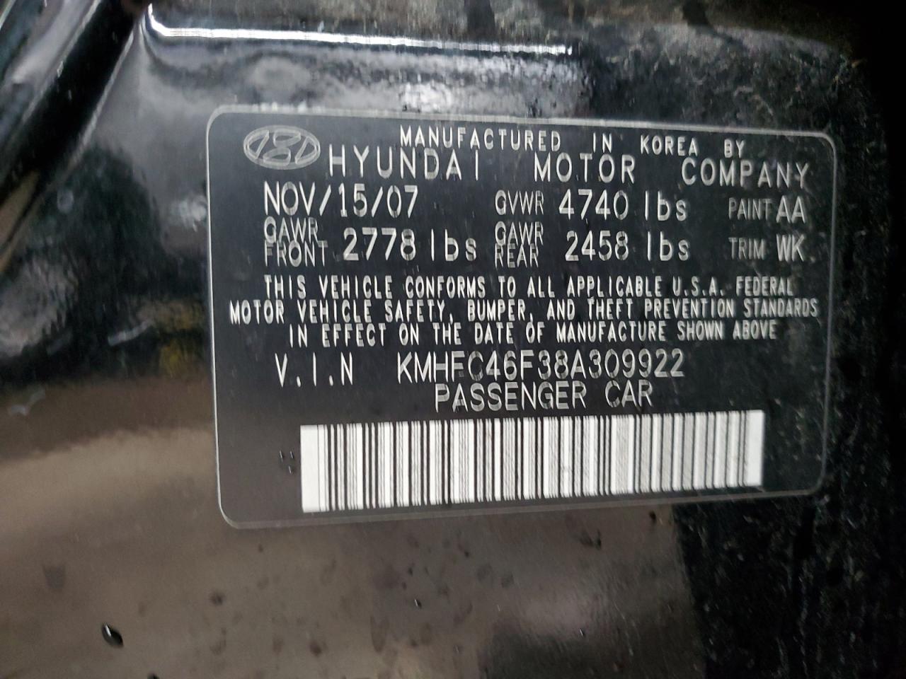 2008 Hyundai Azera Se VIN: KMHFC46F38A309922 Lot: 92654985