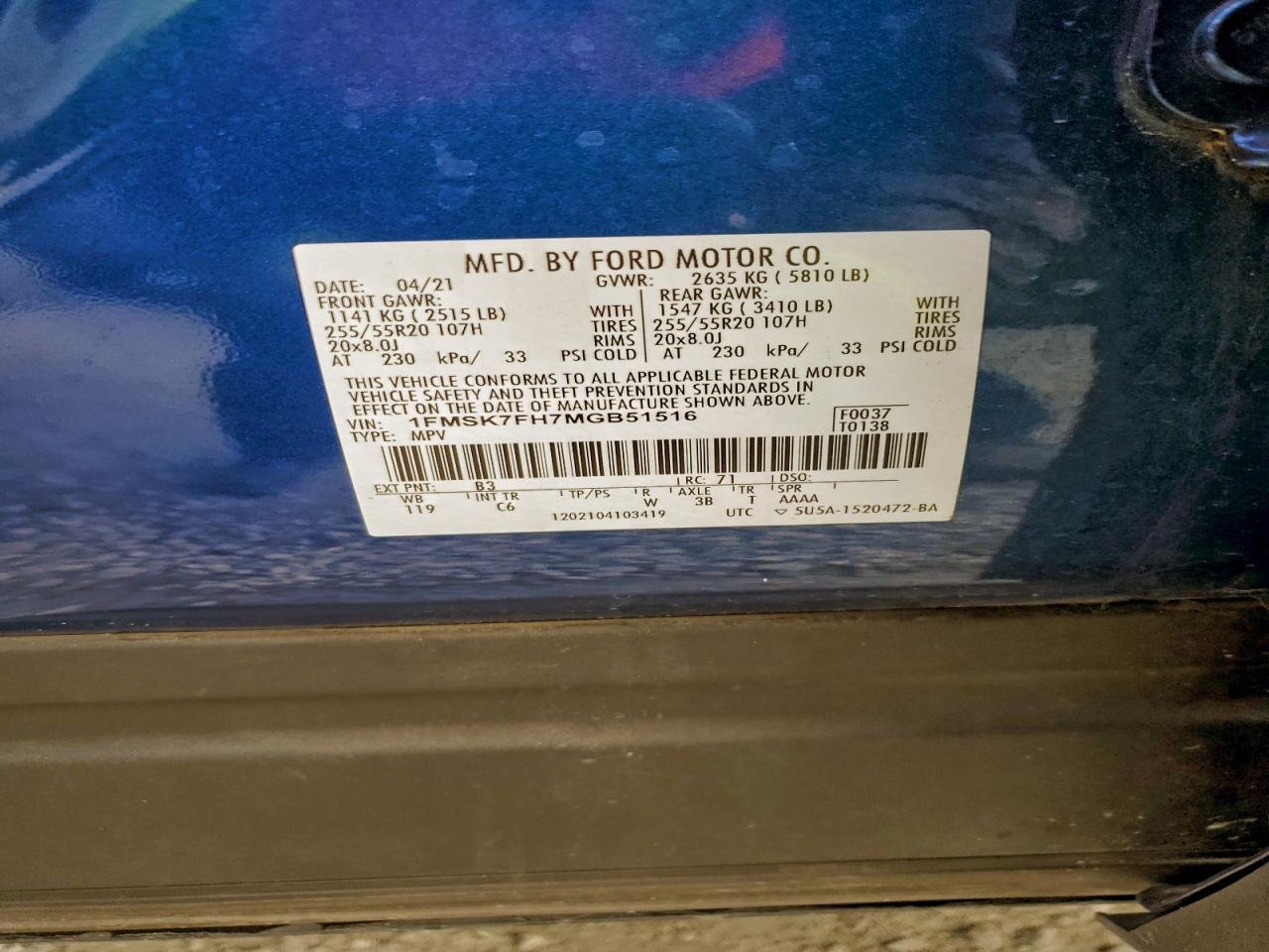 2021 Ford Explorer Limited VIN: 1FMSK7FH7MGB51516 Lot: 94599455