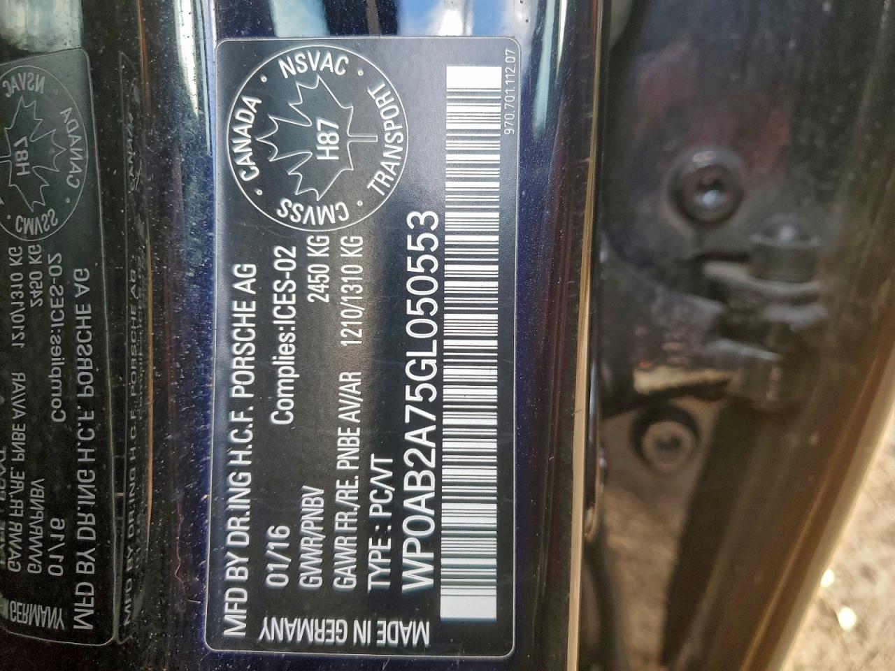 2016 Porsche Panamera S VIN: WP0AB2A75GL050553 Lot: 94111575