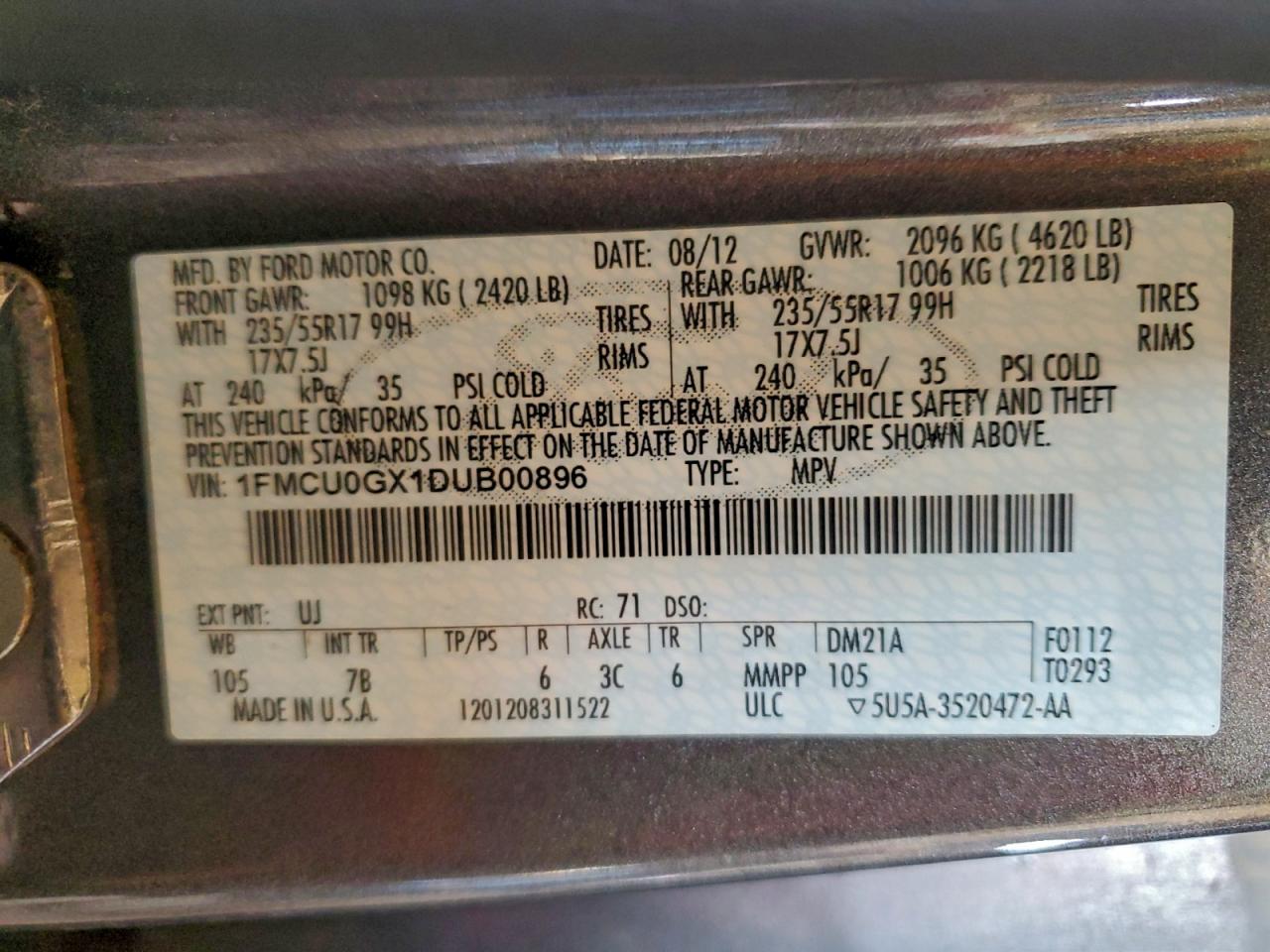 2013 Ford Escape Se VIN: 1FMCU0GX1DUB00896 Lot: 94187625