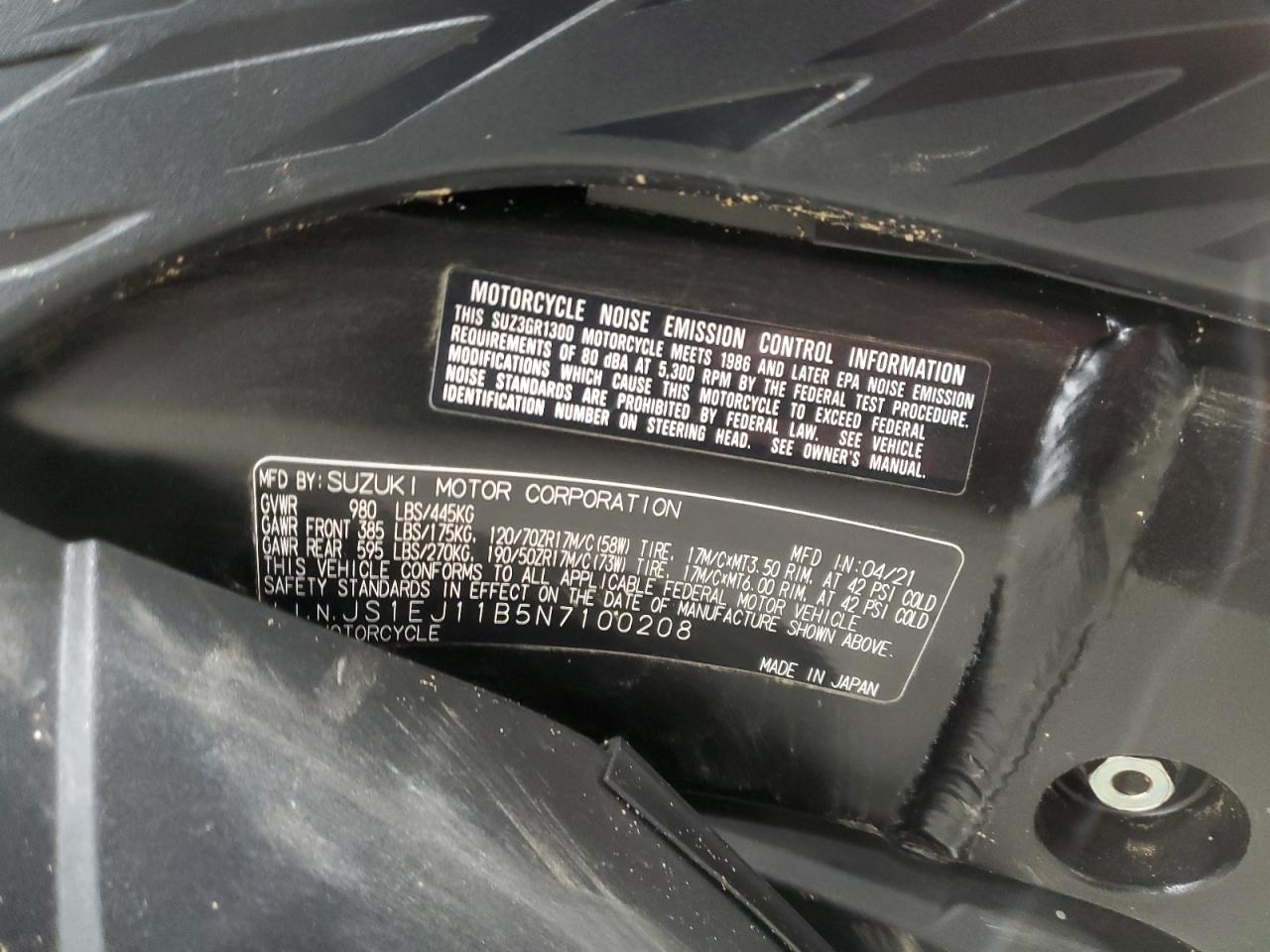 2022 Suzuki Gsx1300 Rr VIN: JS1EJ11B5N7100208 Lot: 92886425