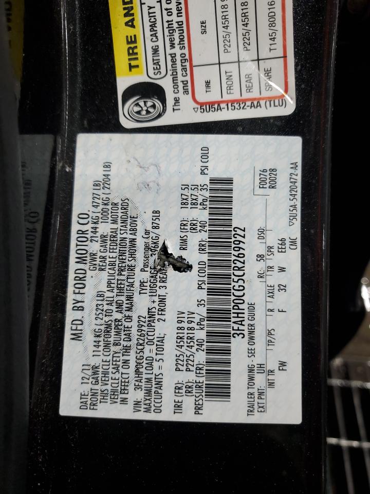 2012 Ford Fusion Sel VIN: 3FAHP0CG5CR269922 Lot: 92265655