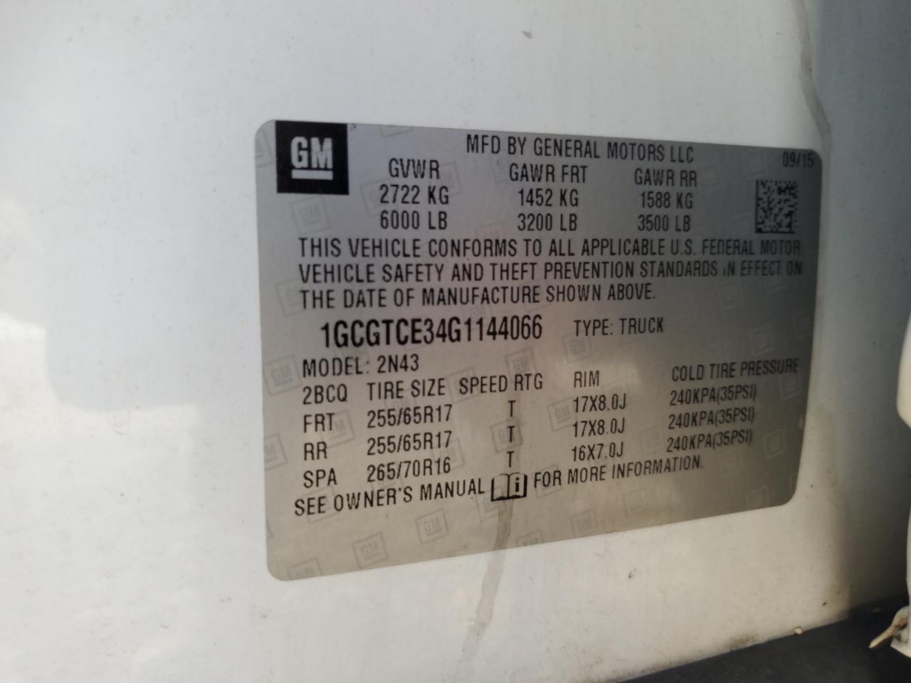 2016 Chevrolet Colorado Lt VIN: 1GCGTCE34G1144066 Lot: 92073205