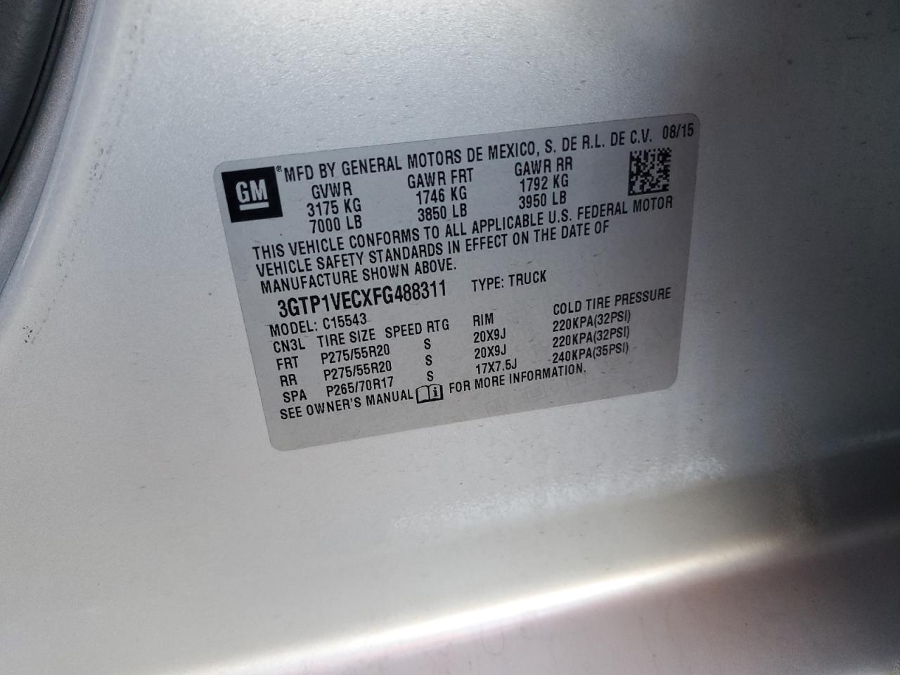 2015 GMC Sierra C1500 Slt VIN: 3GTP1VECXFG488311 Lot: 91446875