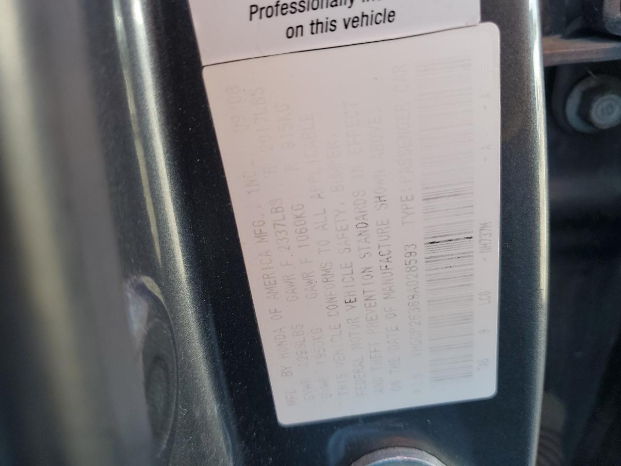 2009 Honda Accord Lx VIN: 1HGCP26369A028593 Lot: 93349965