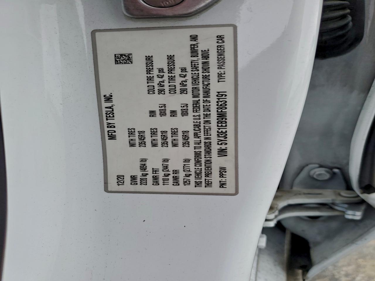 2021 Tesla Model 3 VIN: 5YJ3E1EB9MF863191 Lot: 94312155