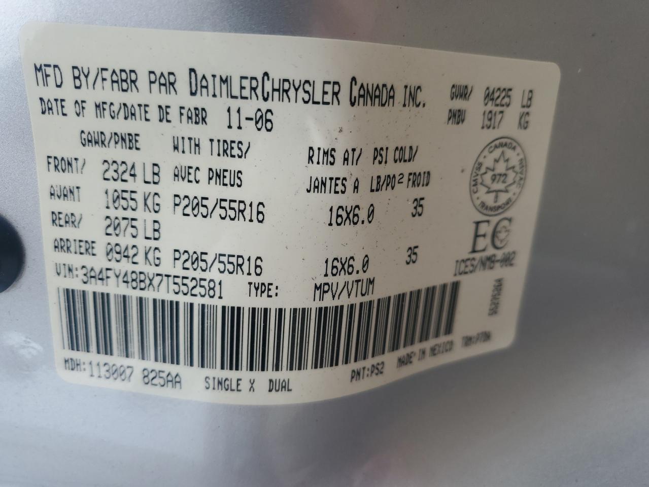 2007 Chrysler Pt Cruiser VIN: 3A4FY48BX7T552581 Lot: 92541765