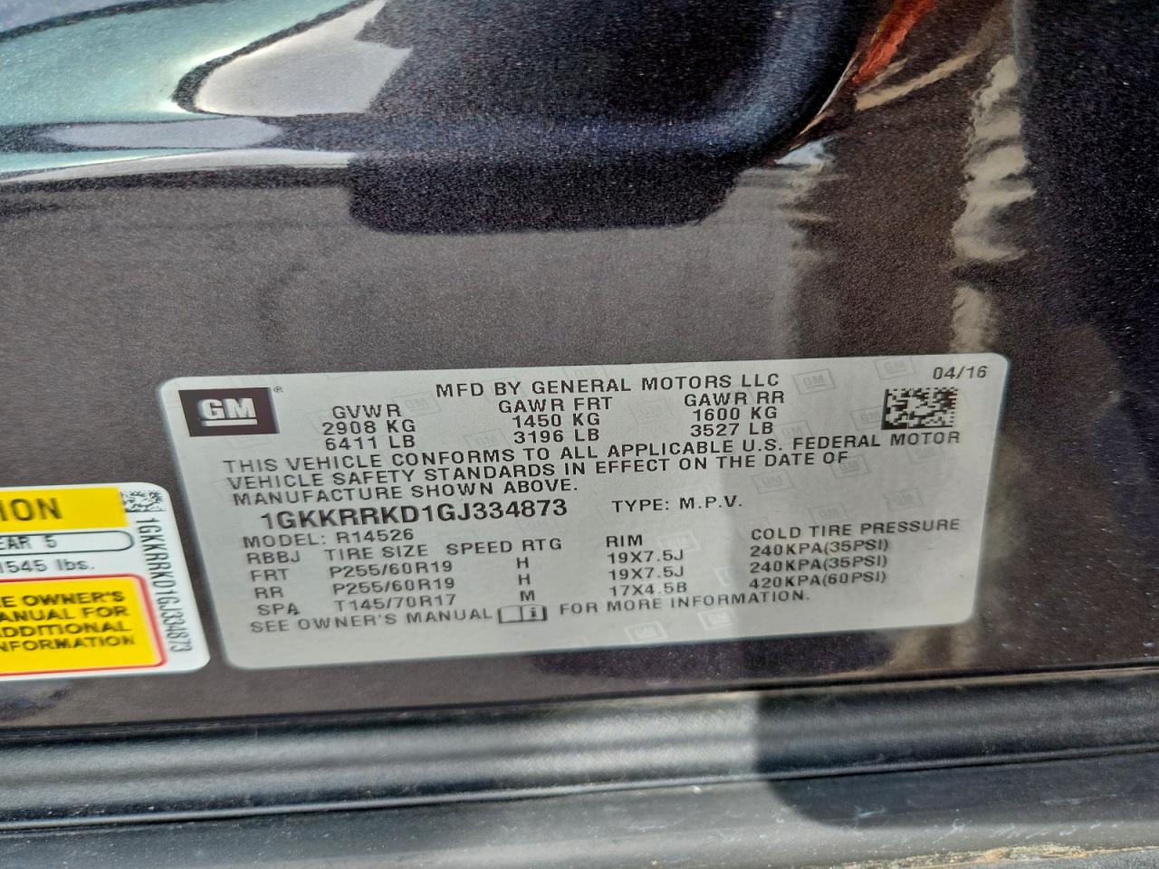 2016 GMC Acadia Slt-1 VIN: 1GKKRRKD1GJ334873 Lot: 94493375