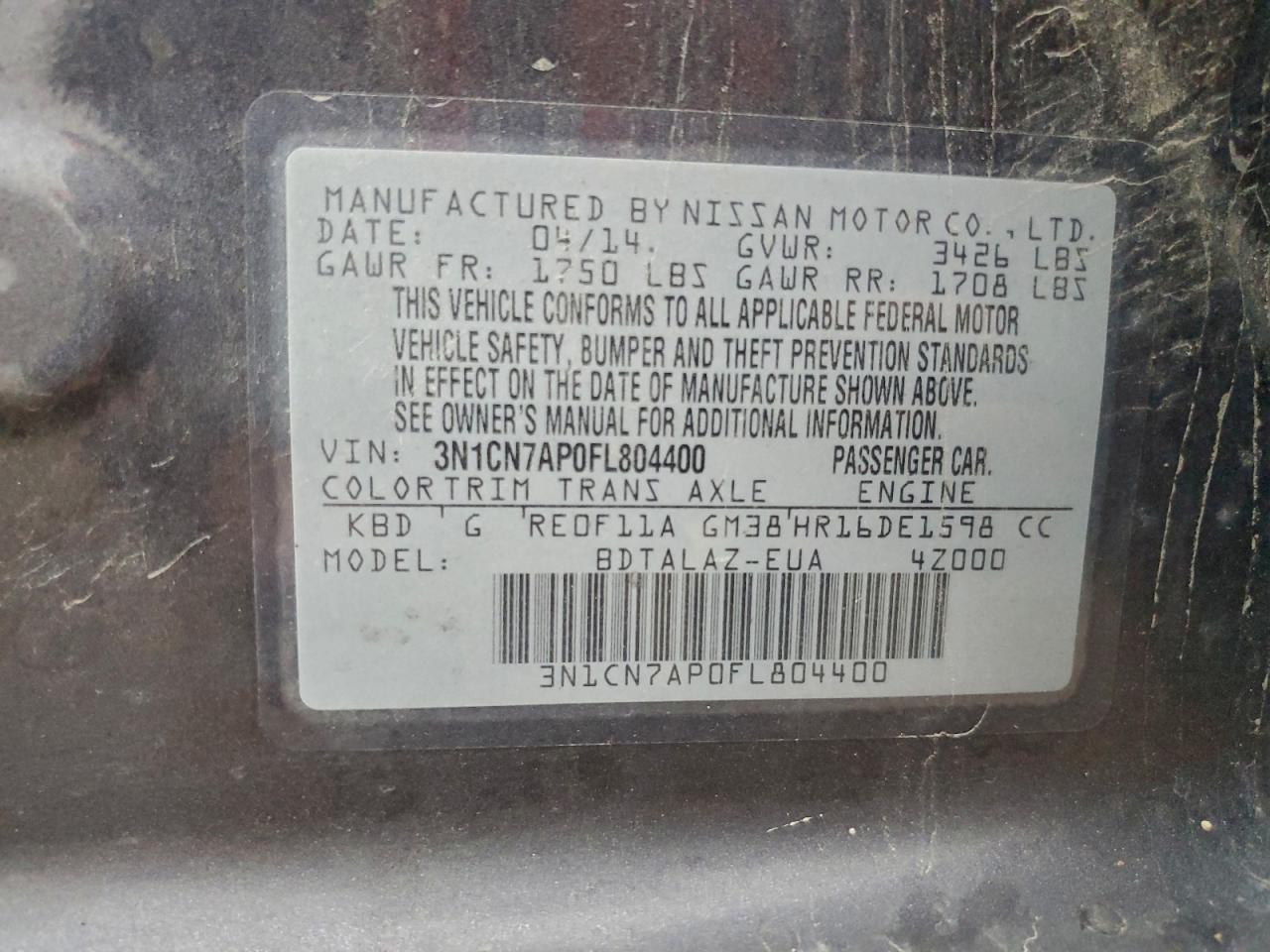 2015 Nissan Versa S VIN: 3N1CN7AP0FL804400 Lot: 93225835