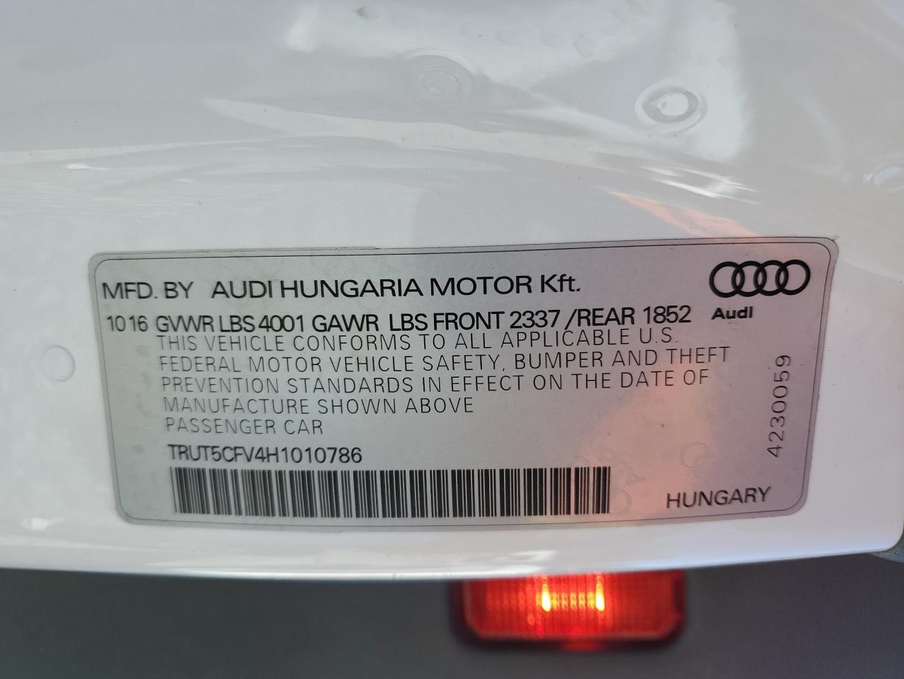 2017 Audi Tt VIN: TRUT5CFV4H1010786 Lot: 87077675