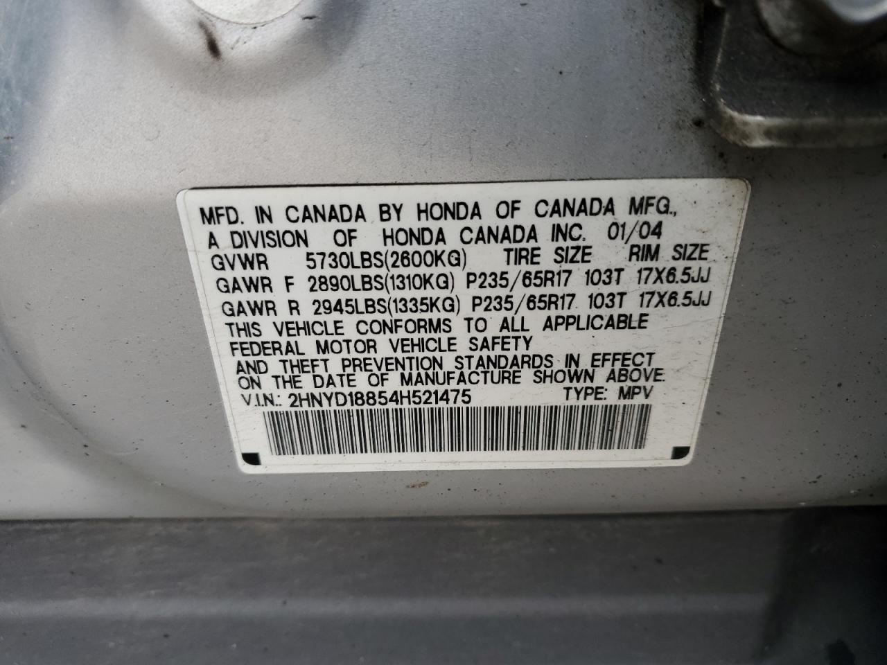 2004 Acura Mdx Touring VIN: 2HNYD18854H521475 Lot: 91616385