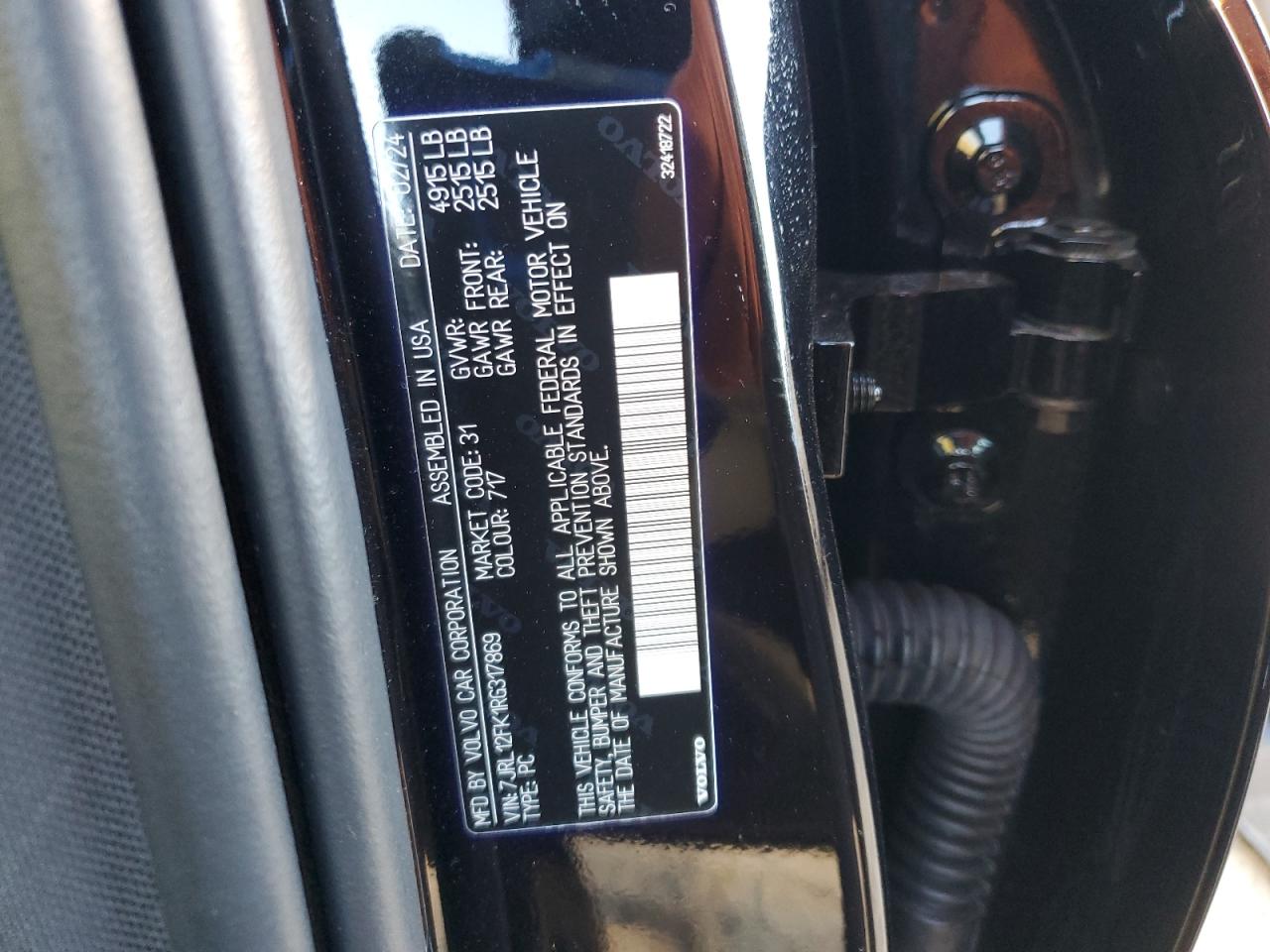 2024 Volvo S60 Core VIN: 7JRL12FK1RG317869 Lot: 93068655