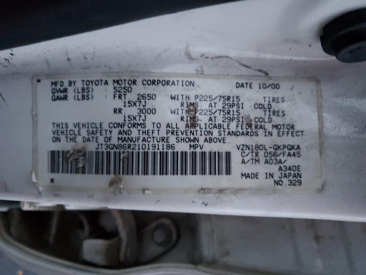 2001 Toyota 4Runner Sr5 VIN: JT3GN86R210191186 Lot: 93663255