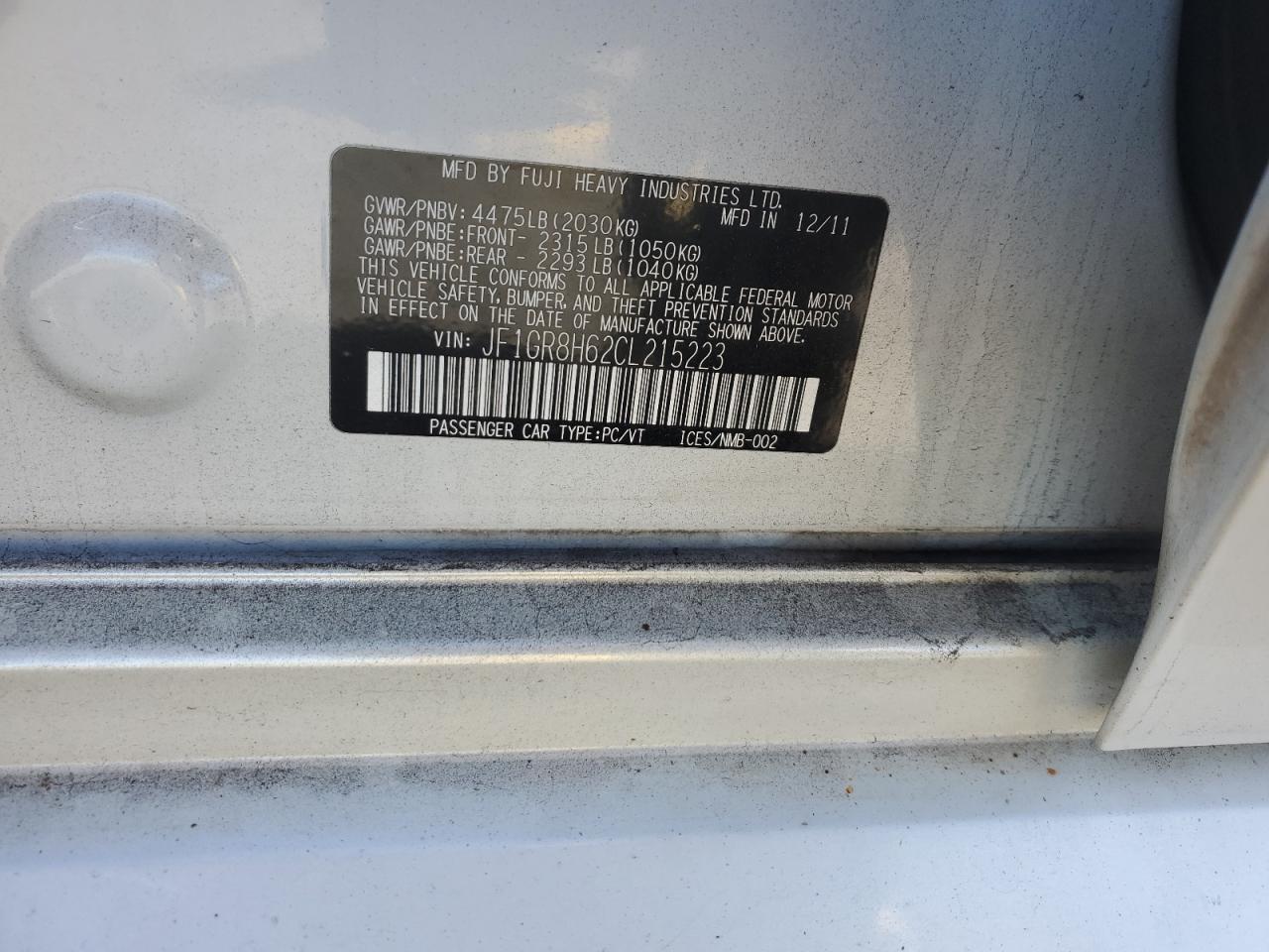 2012 Subaru Impreza Wrx Sti VIN: JF1GR8H62CL215223 Lot: 91861215