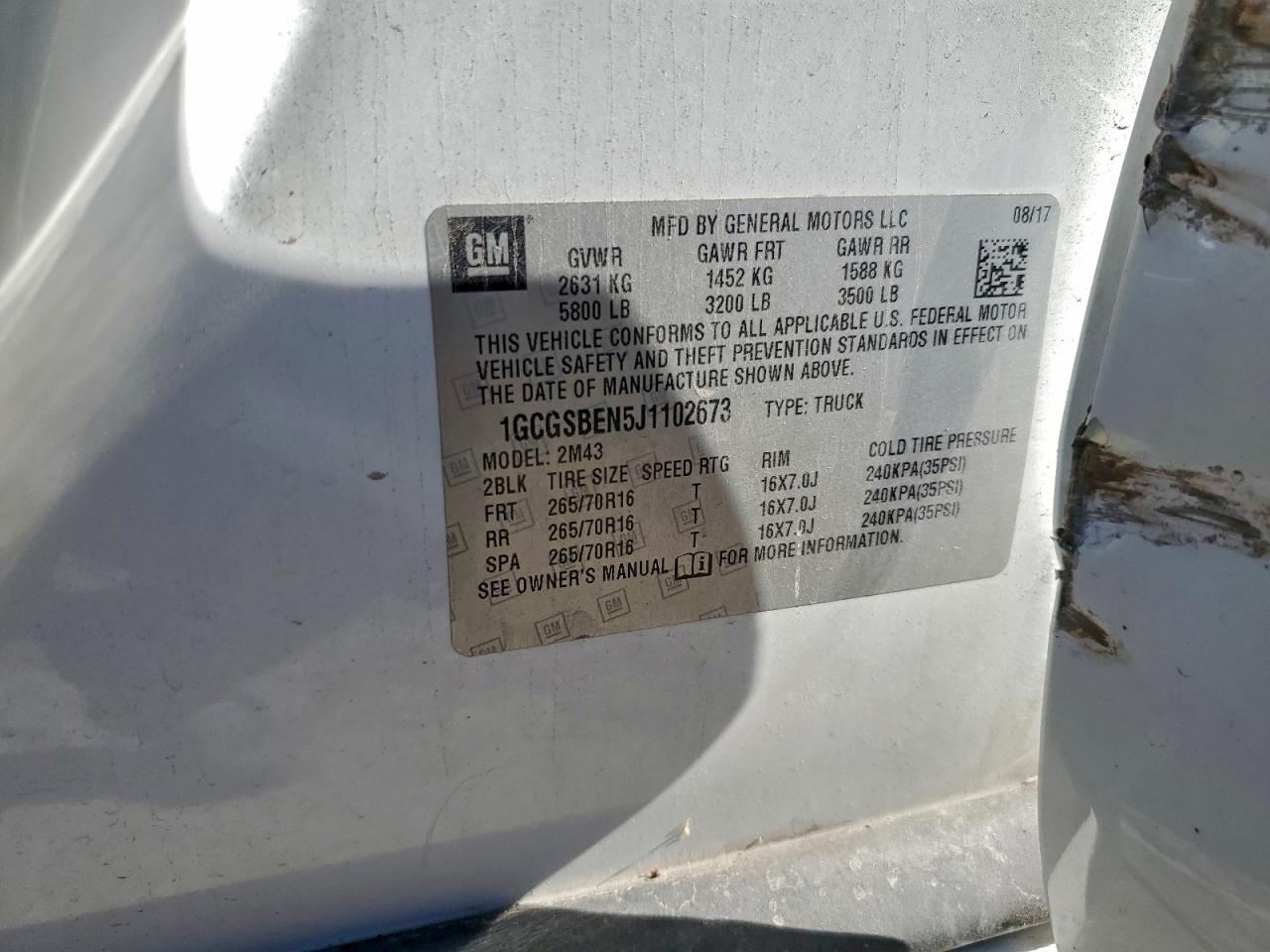 2018 Chevrolet Colorado VIN: 1GCGSBEN5J1102673 Lot: 94310535