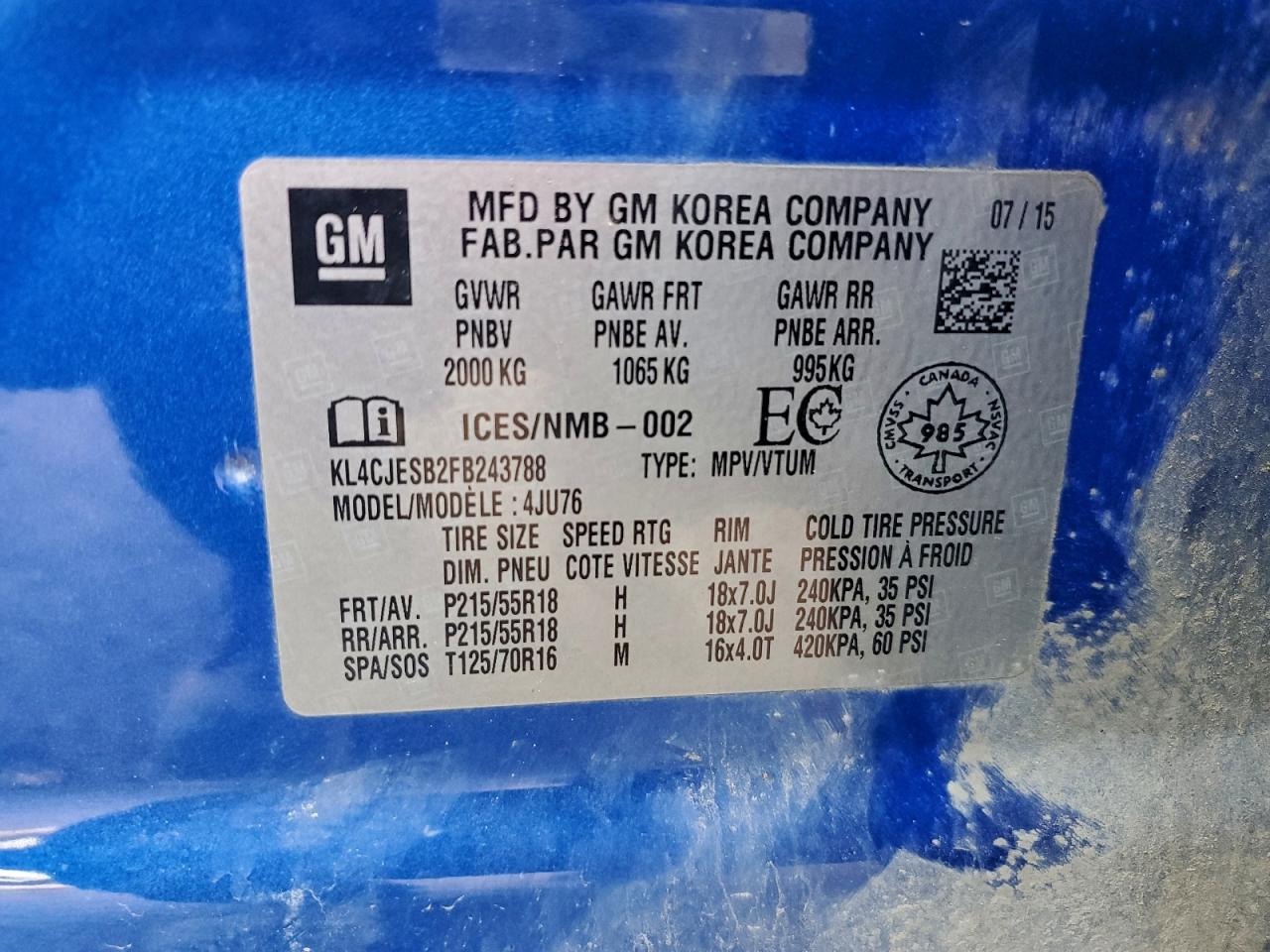 2015 Buick Encore VIN: KL4CJESB2FB243788 Lot: 93215485