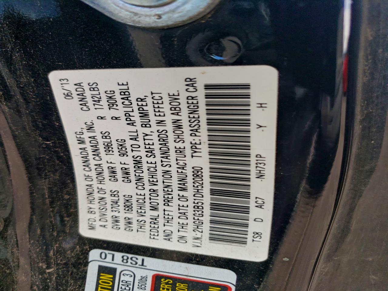 2013 Honda Civic Lx VIN: 2HGFG3B51DH520890 Lot: 94490285