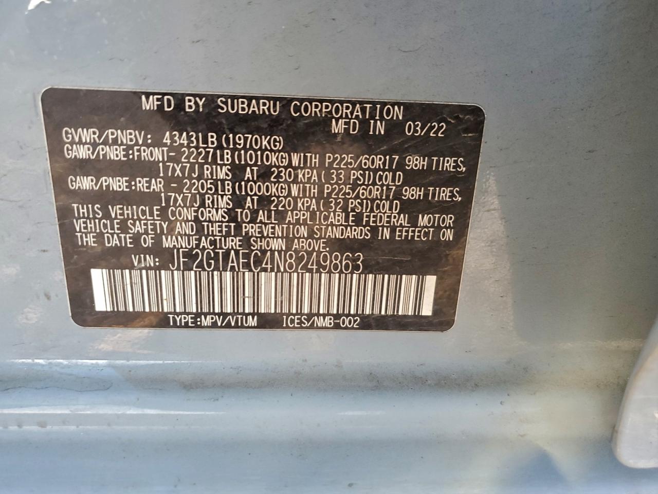 2022 Subaru Crosstrek Premium VIN: JF2GTAEC4N8249863 Lot: 91470985