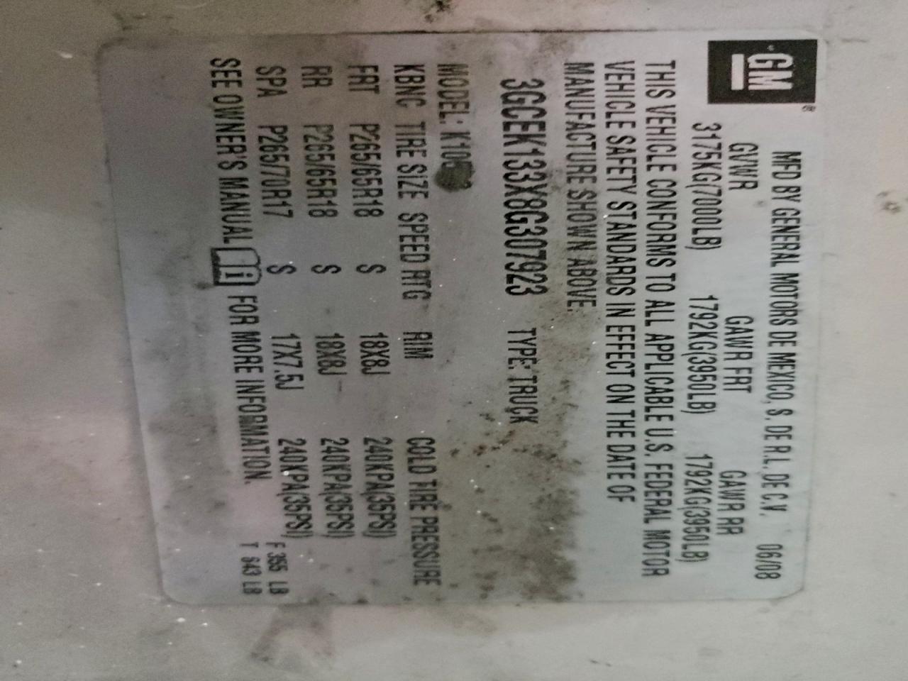 2008 Chevrolet Silverado K1500 VIN: 3GCEK133X8G307923 Lot: 93948225