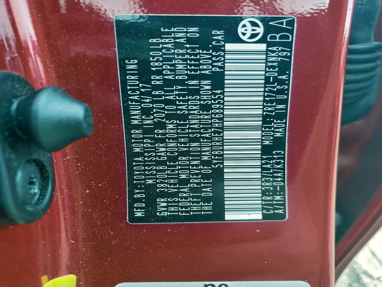 2017 Toyota Corolla L VIN: 5YFBURHE7HP689554 Lot: 94311745