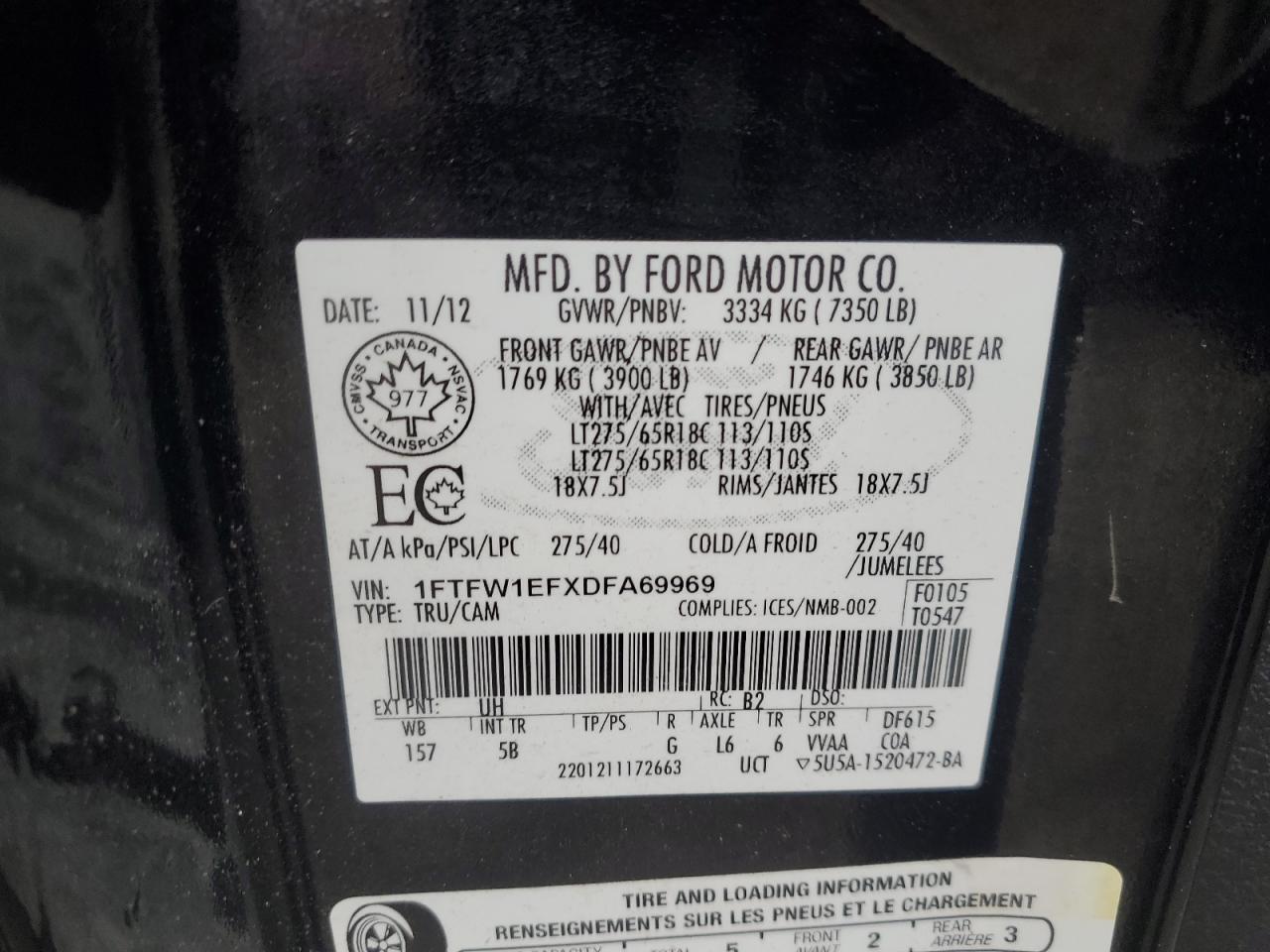 2013 Ford F150 Supercrew VIN: 1FTFW1EFXDFA69969 Lot: 93737545