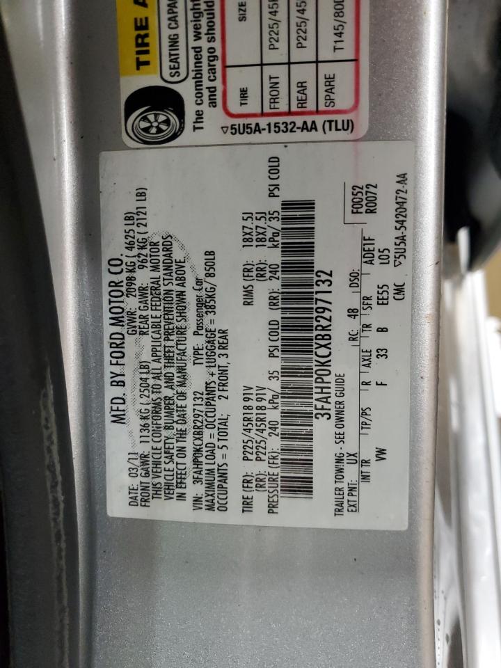 2011 Ford Fusion Sport VIN: 3FAHP0KCXBR297132 Lot: 92091015