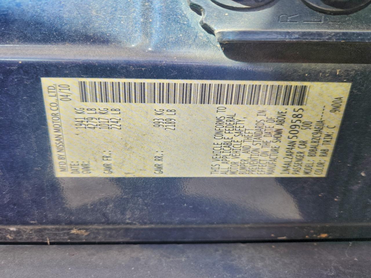 2010 Nissan Altima Base VIN: 1N4AL2AP4AN509585 Lot: 93464765