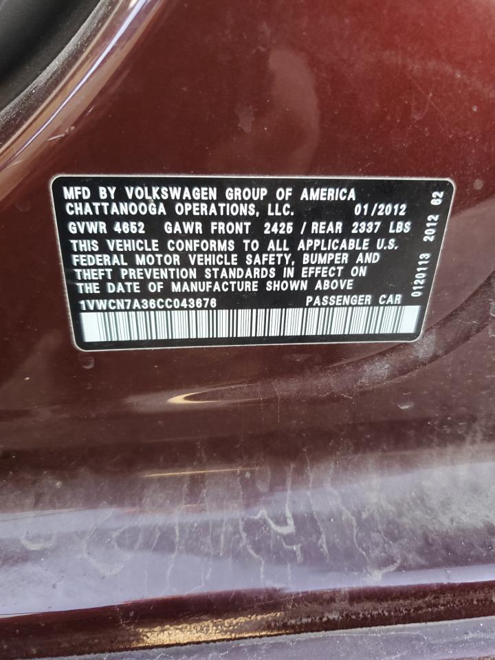 2012 Volkswagen Passat Sel VIN: 1VWCN7A36CC043676 Lot: 91417745