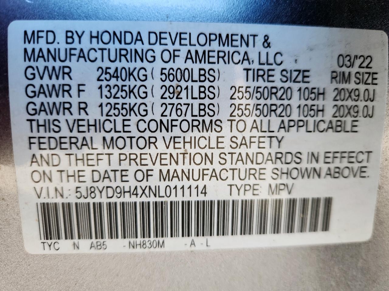 2022 Acura Mdx Technology VIN: 5J8YD9H4XNL011114 Lot: 92517505
