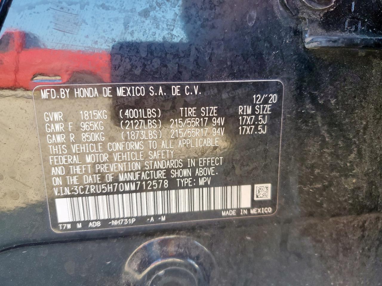 2021 Honda Hr-V Exl VIN: 3CZRU5H70MM712578 Lot: 92084665