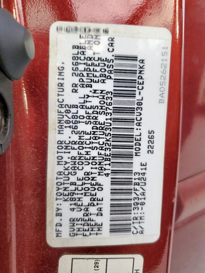 2003 Toyota Camry Le VIN: 4T1BE32K53U137633 Lot: 93736765