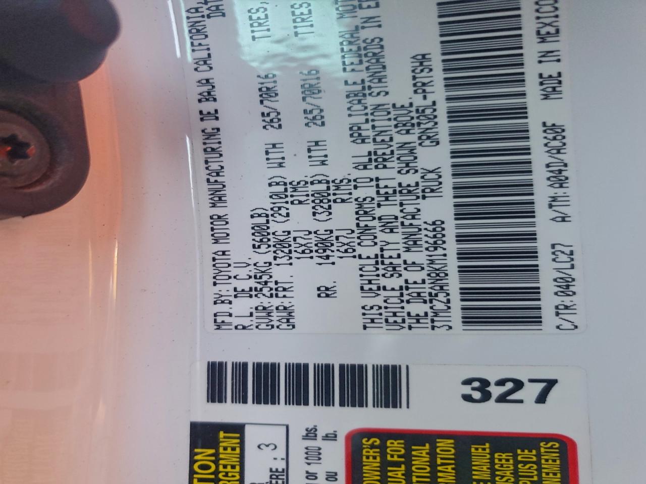 2019 Toyota Tacoma Dou VIN: 196666 Lot: 95108105