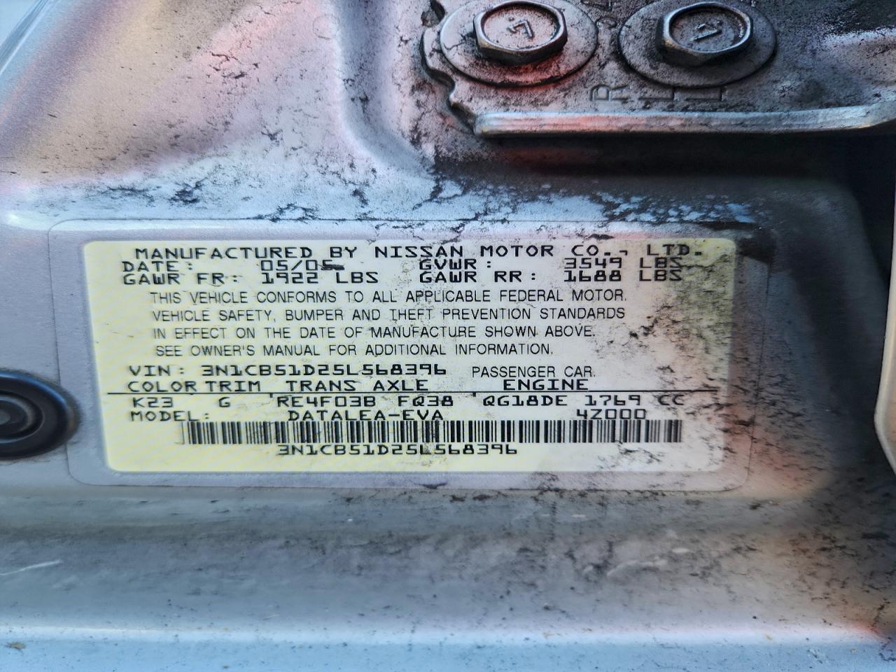 2005 Nissan Sentra 1.8 VIN: 3N1CB51D25L568396 Lot: 94122725