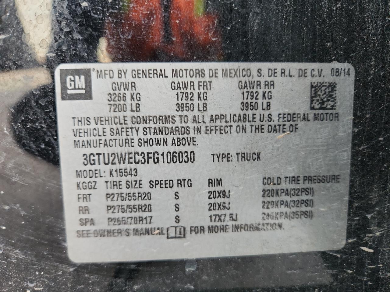 2015 GMC Sierra K1500 Denali VIN: 3GTU2WEC3FG106030 Lot: 91258955