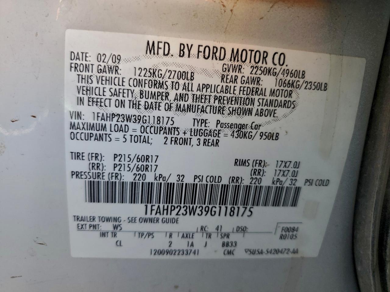 2009 Ford Taurus Se VIN: 1FAHP23W39G118175 Lot: 94753515