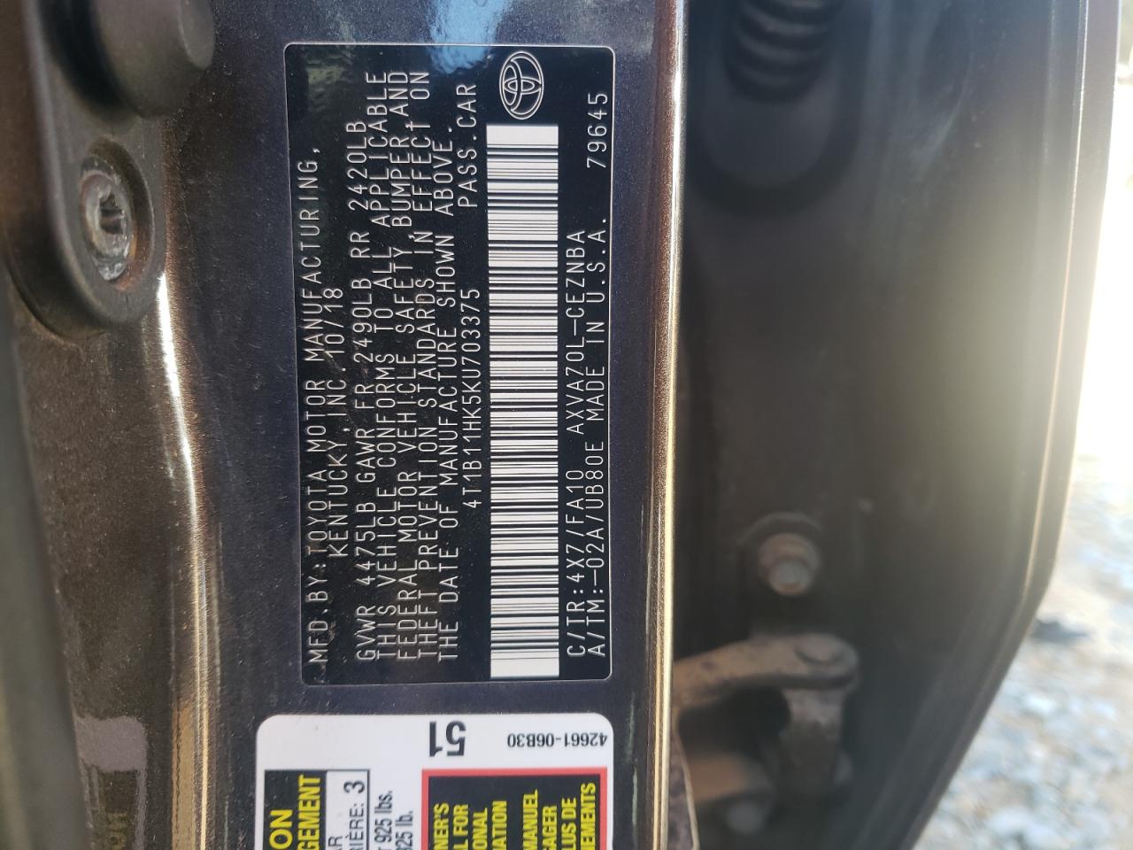 2019 Toyota Camry L VIN: 4T1B11HK5KU703375 Lot: 91866205