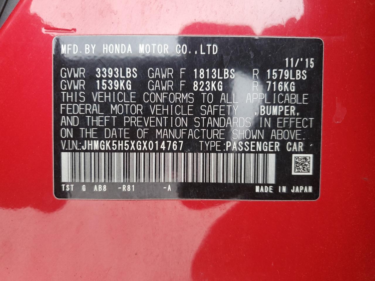 2016 Honda Fit Lx VIN: JHMGK5H5XGX014767 Lot: 93366995