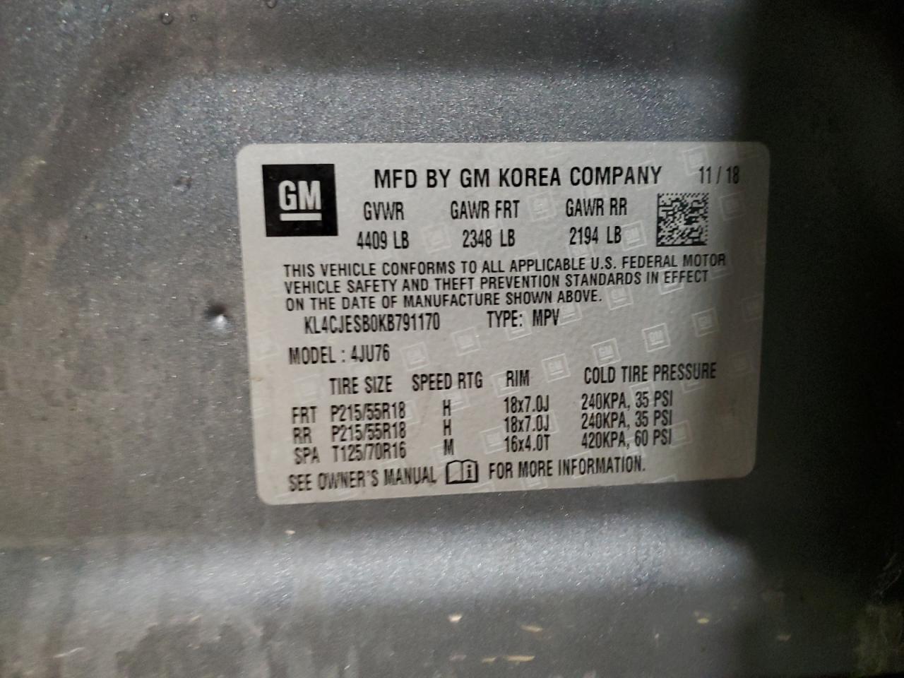 2019 Buick Encore Preferred VIN: KL4CJESB0KB791170 Lot: 92158115