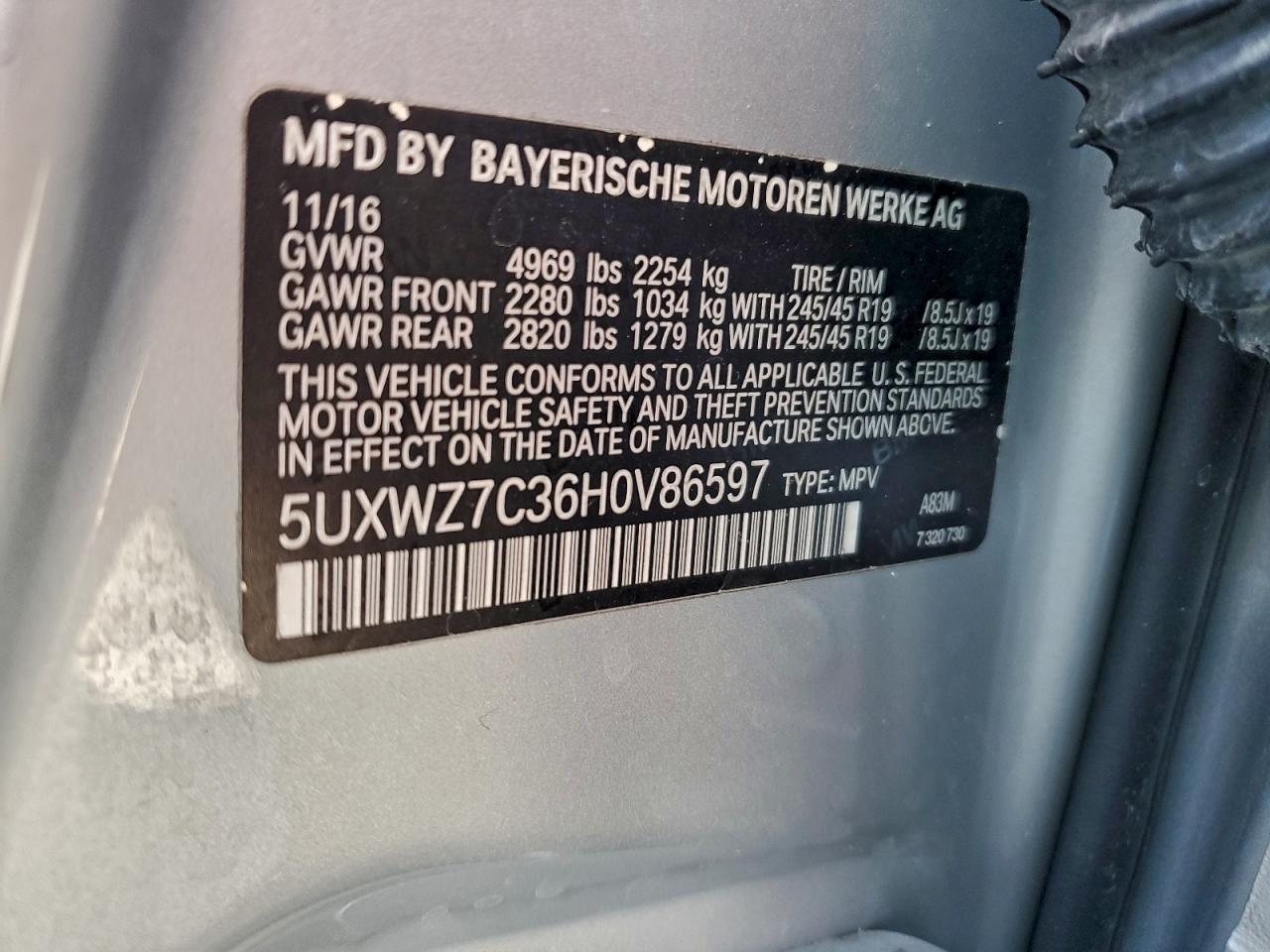 2017 BMW X3 Sdrive28I VIN: 5UXWZ7C36H0V86597 Lot: 94600475